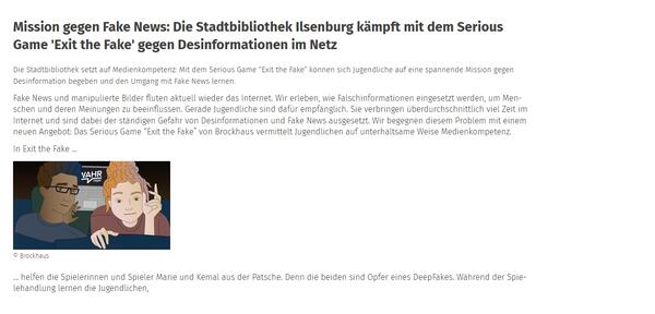 Bild vergrößern: Der Brockhaus online und die Stadtbibliothek Ilsenburg präsentieren das Serious-Game Exit the Fake. Screenshot vom 14.6.2024.